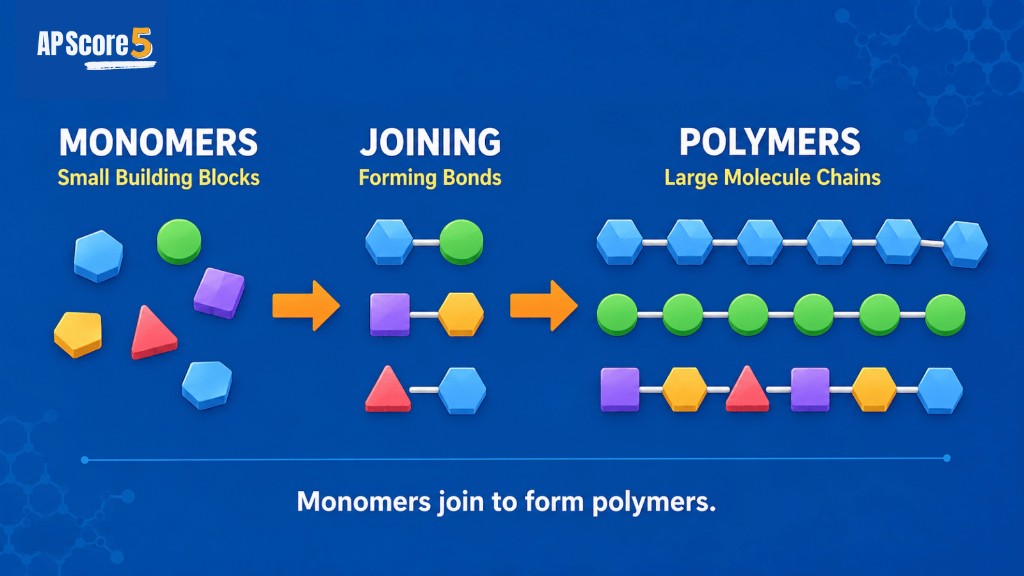 Monomers join into polymers