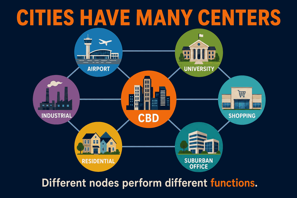 AP Human Geography multiple nuclei model infographic showing several city nodes such as CBD, airport, university, industrial park, shopping district, and suburbs.