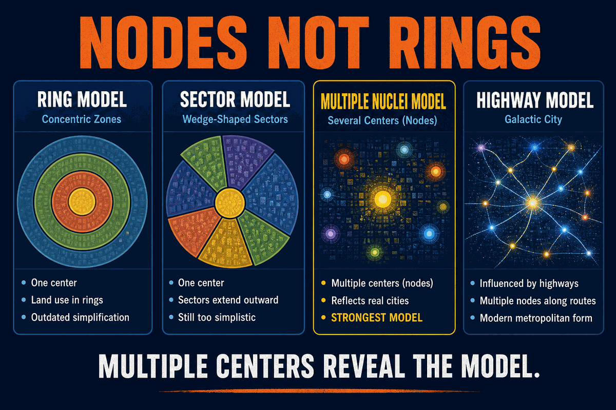 AP Human Geography multiple nuclei comparison infographic showing nodes compared with rings, wedges, and highway-based suburban patterns.