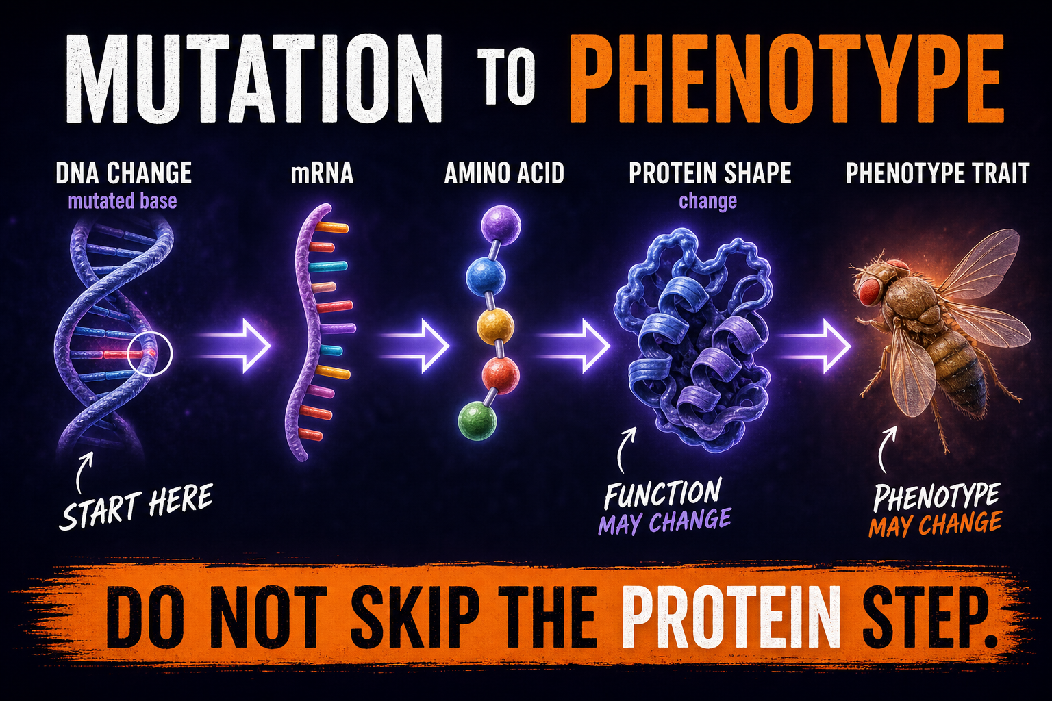 Mutation to phenotype AP Biology showing DNA mRNA amino acid protein and trait pathway