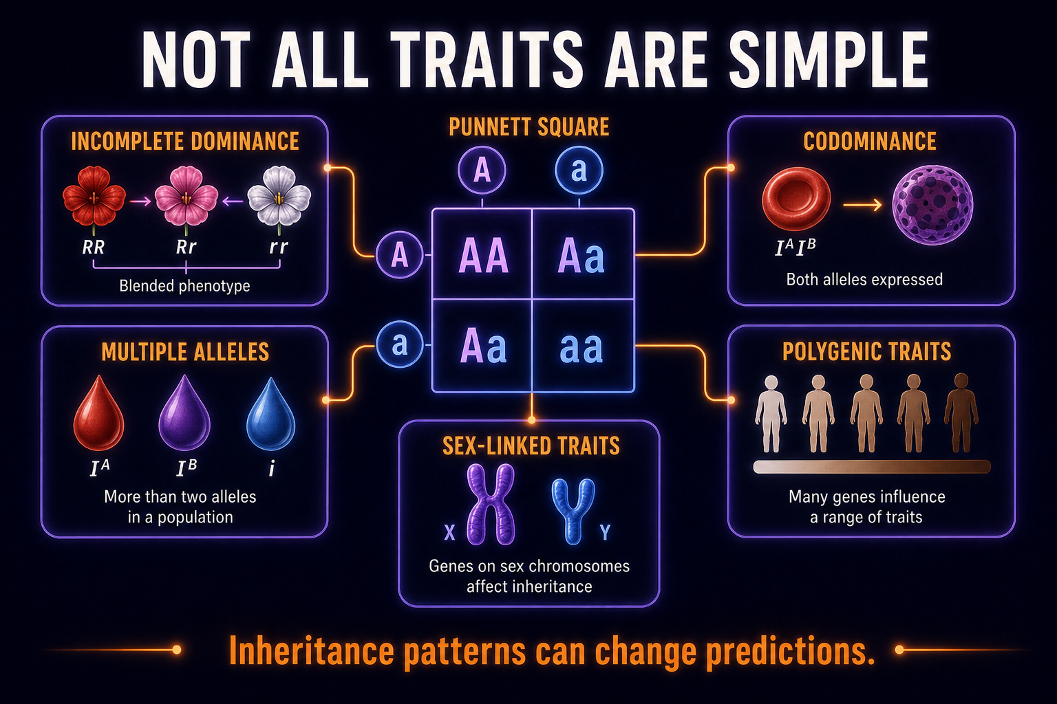 AP Biology non-Mendelian genetics infographic showing incomplete dominance, codominance, multiple alleles, polygenic traits, and sex-linked inheritance