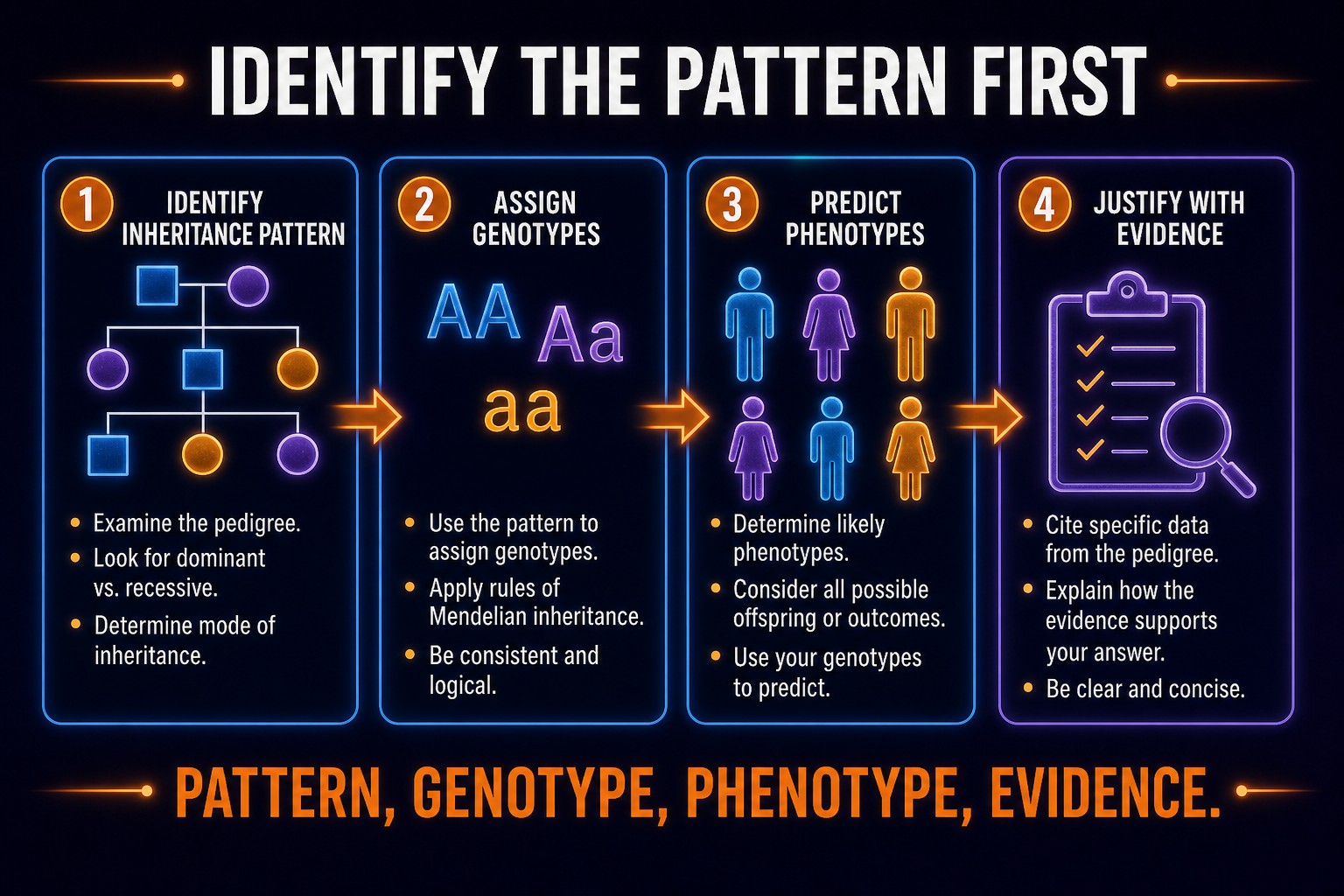 AP Biology non-Mendelian genetics FRQ reasoning infographic showing how to identify inheritance pattern and justify phenotype predictions