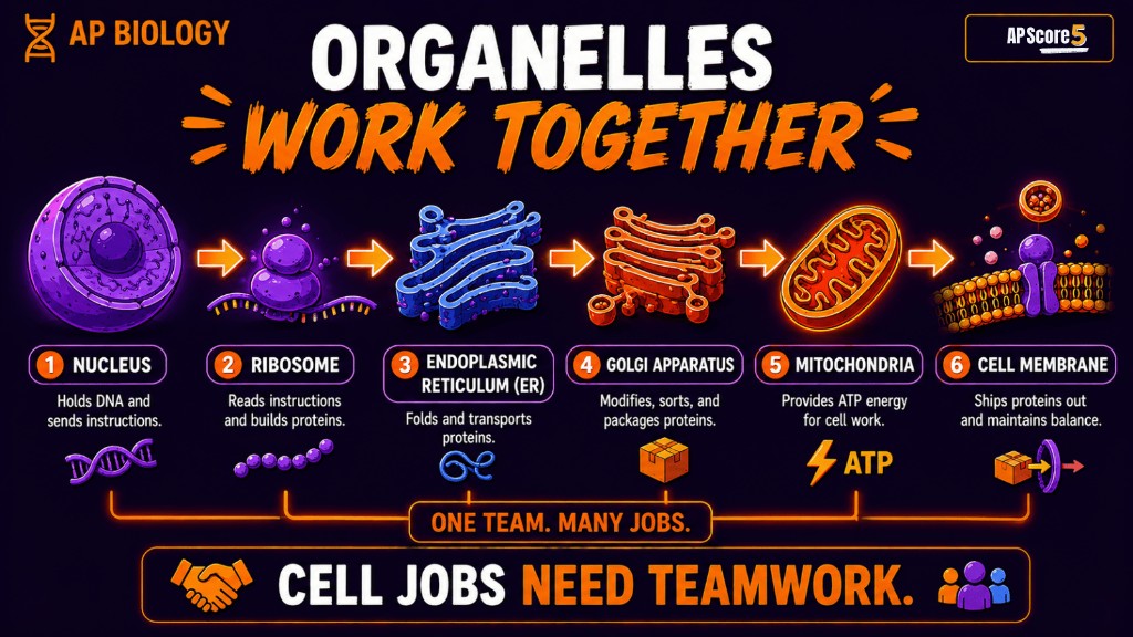 Organelles work together AP Biology infographic showing nucleus, ribosomes, ER, Golgi, mitochondria, and membrane workflow