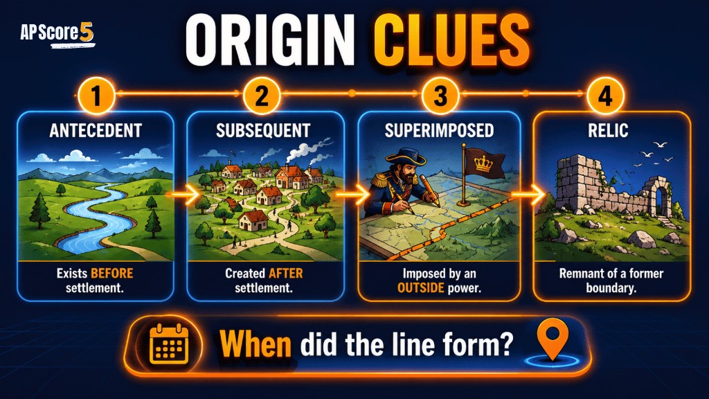Origin based boundary types AP Human Geography image showing antecedent subsequent superimposed and relic boundaries
