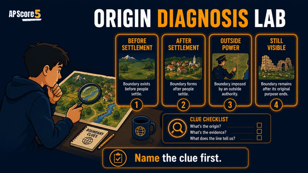 AP Human Geography origin diagnosis lab image showing clue cards for antecedent subsequent superimposed and relic boundaries