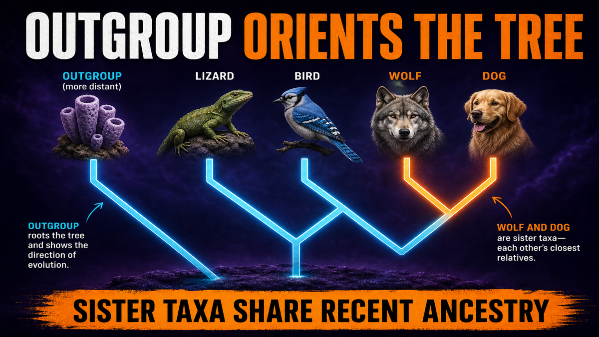 Outgroup and sister taxa cladogram AP Biology showing tree orientation and closest related taxa