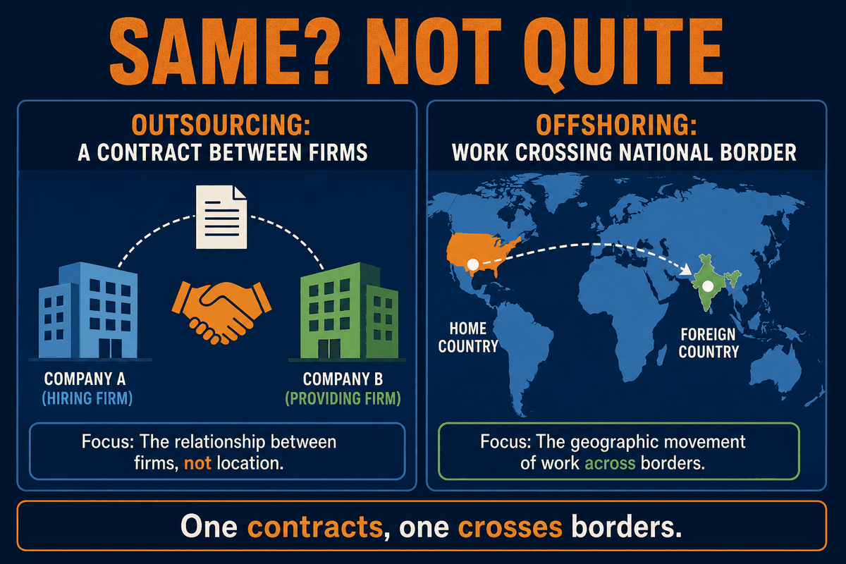 AP Human Geography outsourcing and offshoring difference infographic showing outsourcing as contracting and offshoring as moving production internationally.