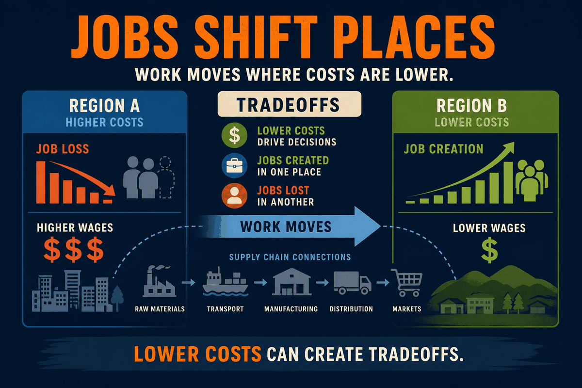 AP Human Geography outsourcing and offshoring tradeoffs infographic showing job shifts, lower costs, wage differences, deindustrialization, and new employment opportunities.