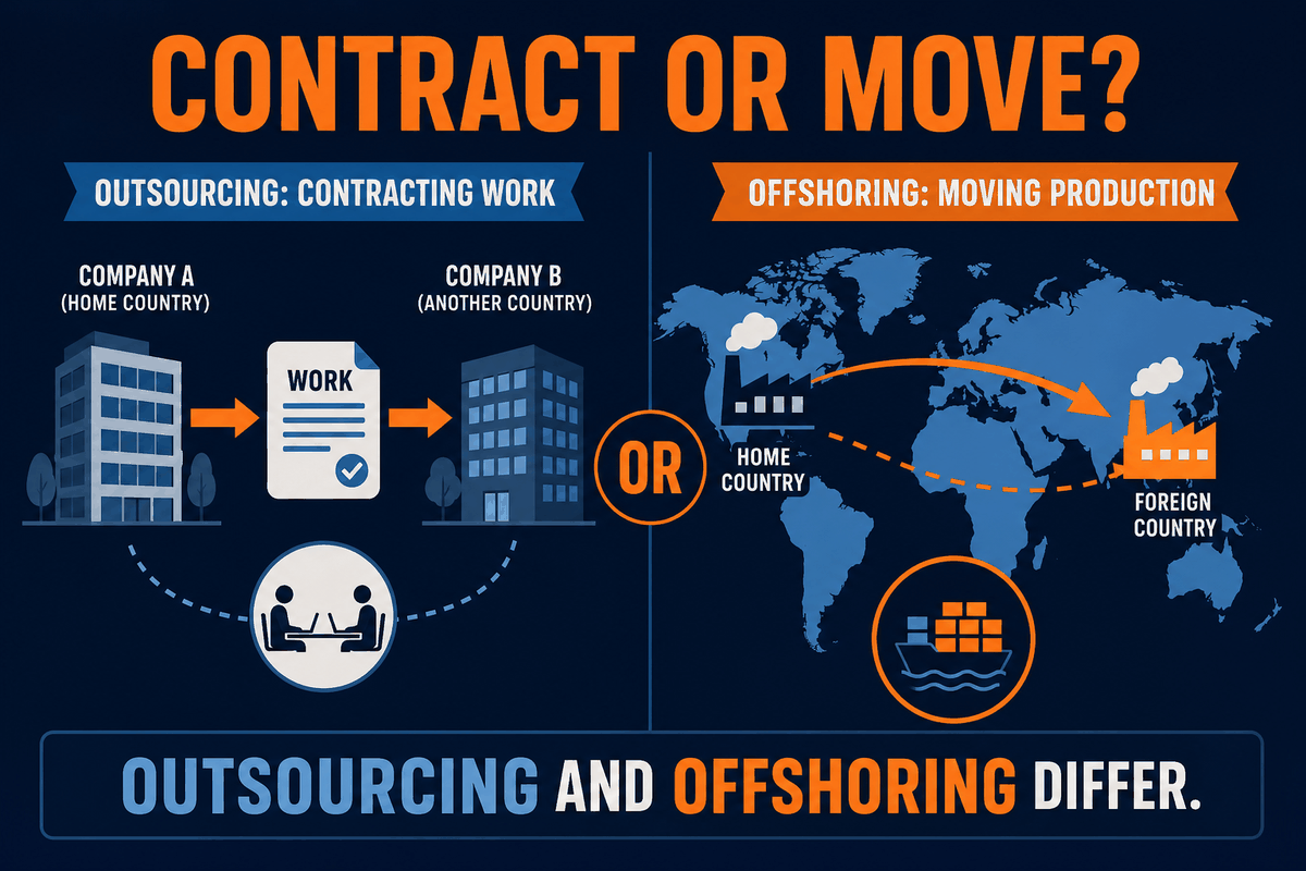 AP Human Geography outsourcing versus offshoring infographic comparing contracting work to another company with moving work to another country.