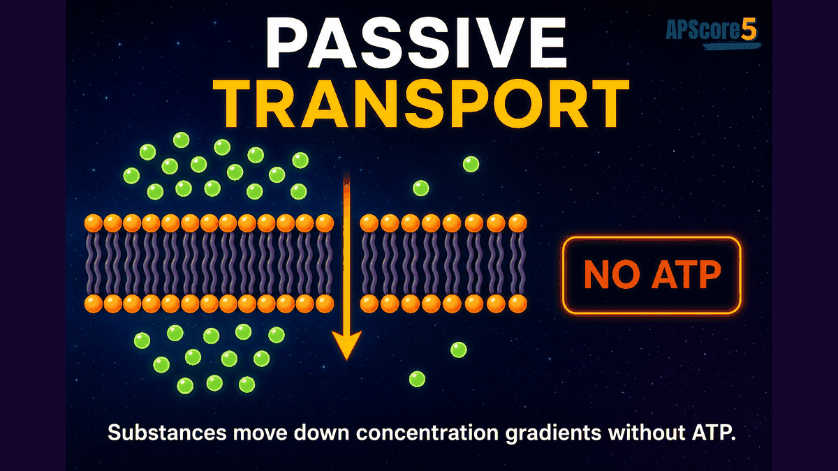 Passive transport AP Biology infographic showing molecules moving across a membrane from high concentration to low concentration without ATP