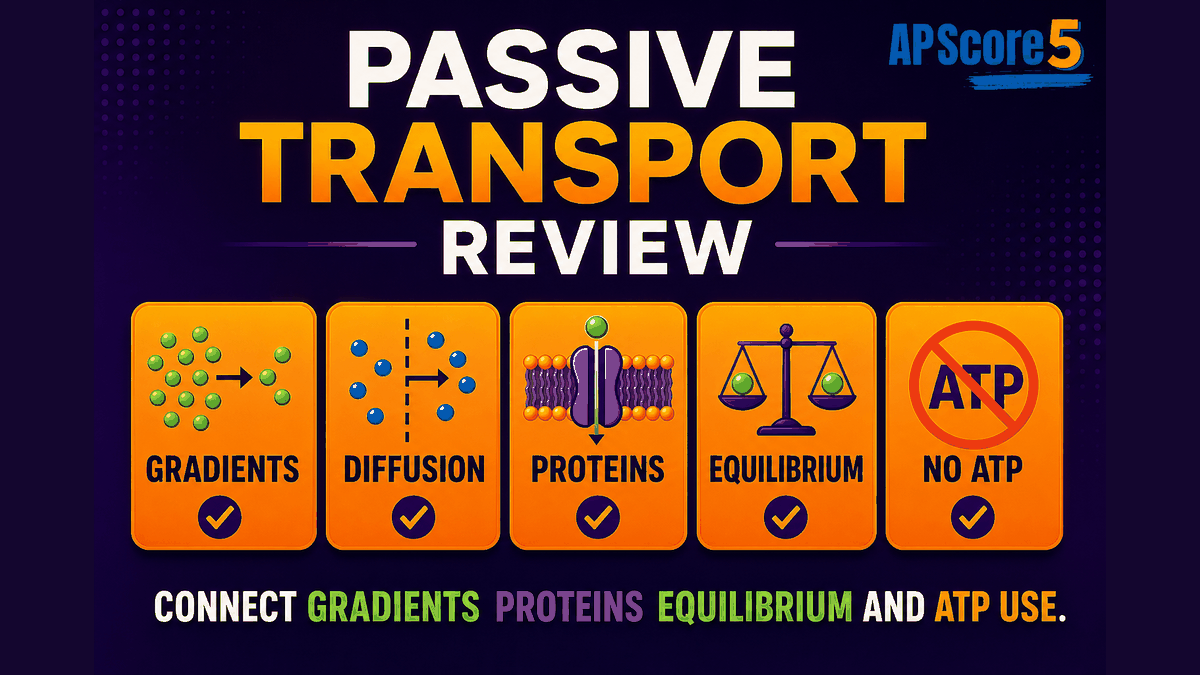Passive transport review AP Biology infographic with checklist for gradients diffusion proteins equilibrium no ATP and high to low movement