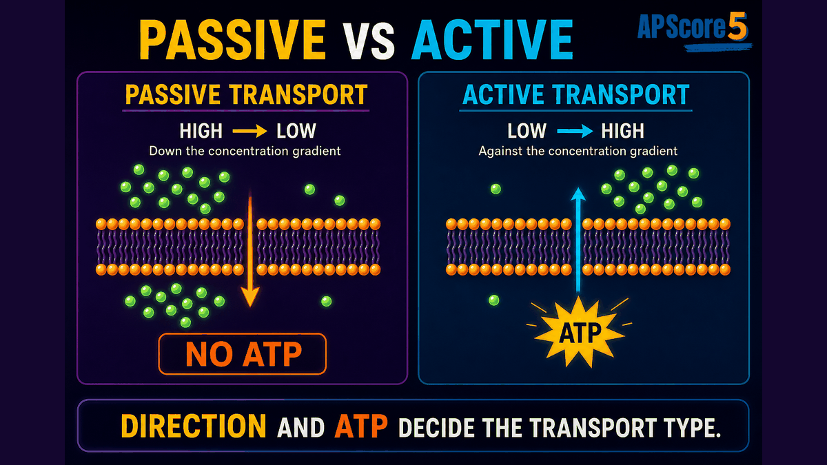 Passive vs active transport AP Biology infographic comparing high to low movement without ATP and low to high movement with ATP
