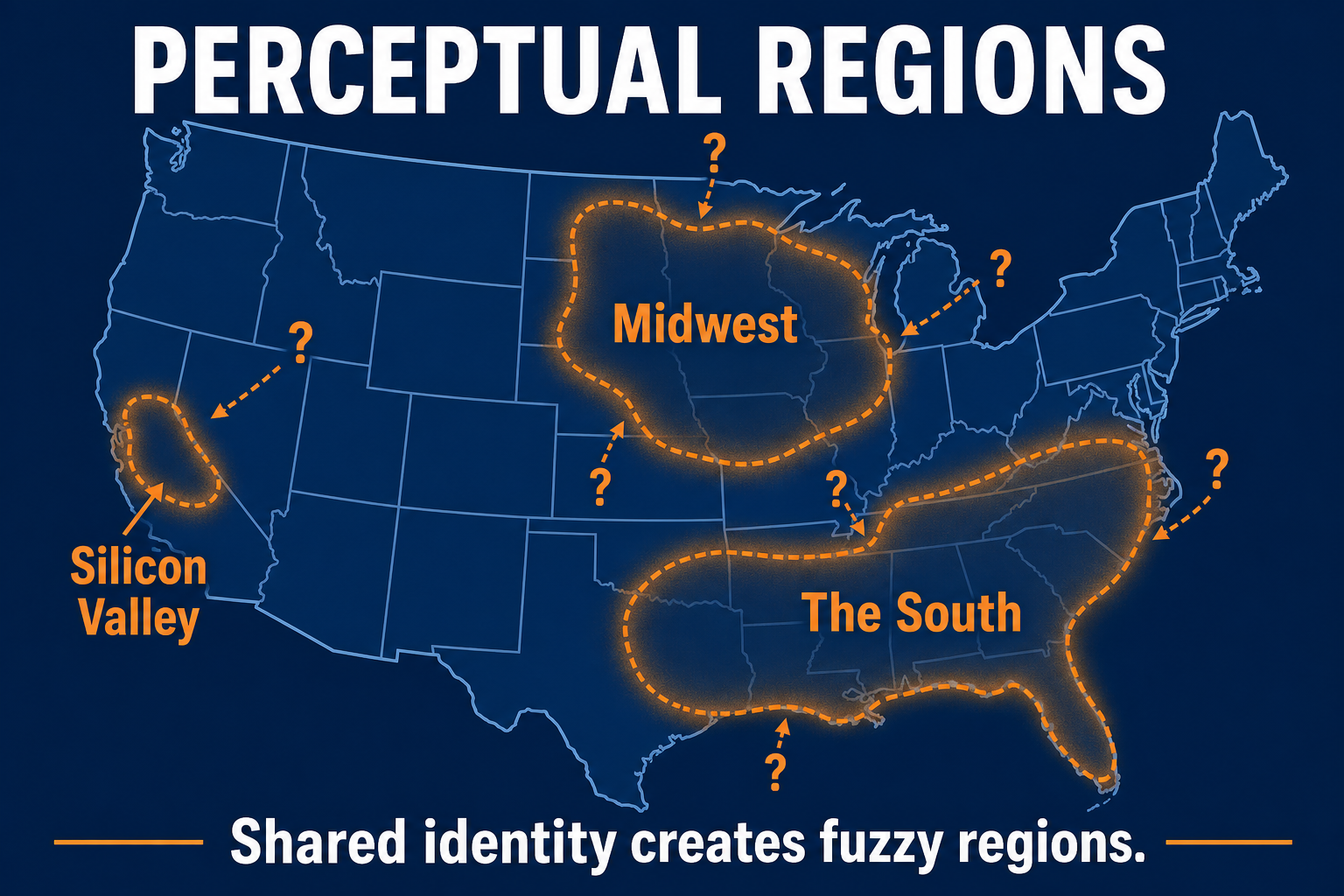 Perceptual region examples in AP Human Geography showing fuzzy cultural boundaries, shared identity, mental maps, and regional reputation