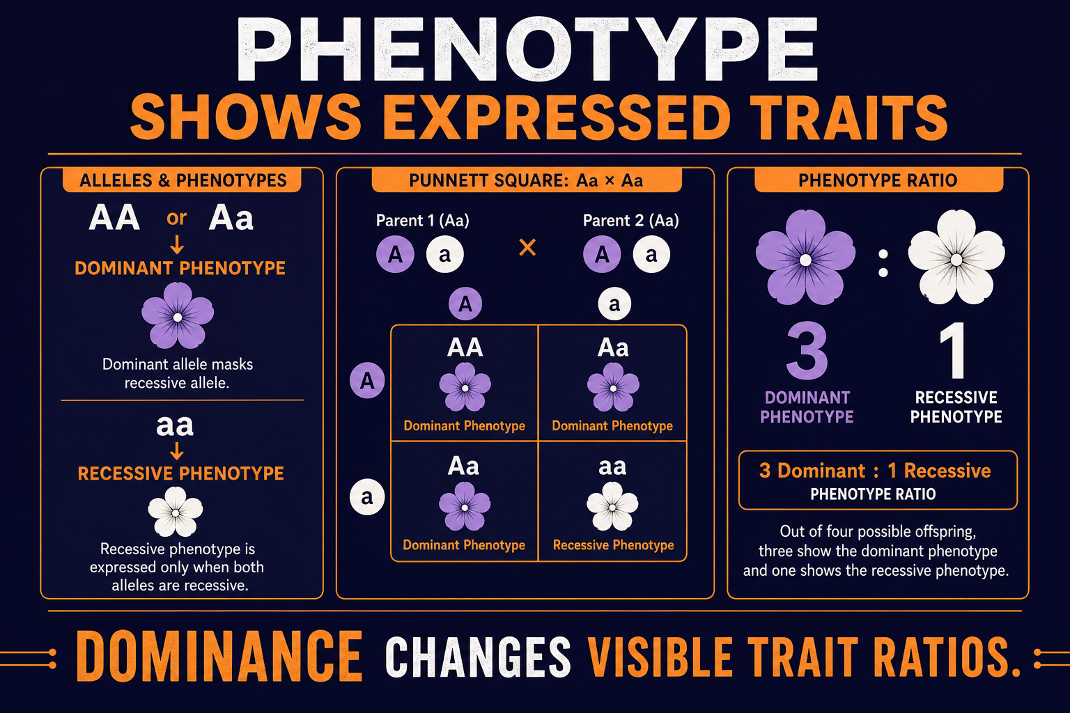 AP Biology phenotype ratio infographic showing dominant and recessive trait outcomes from a Punnett square