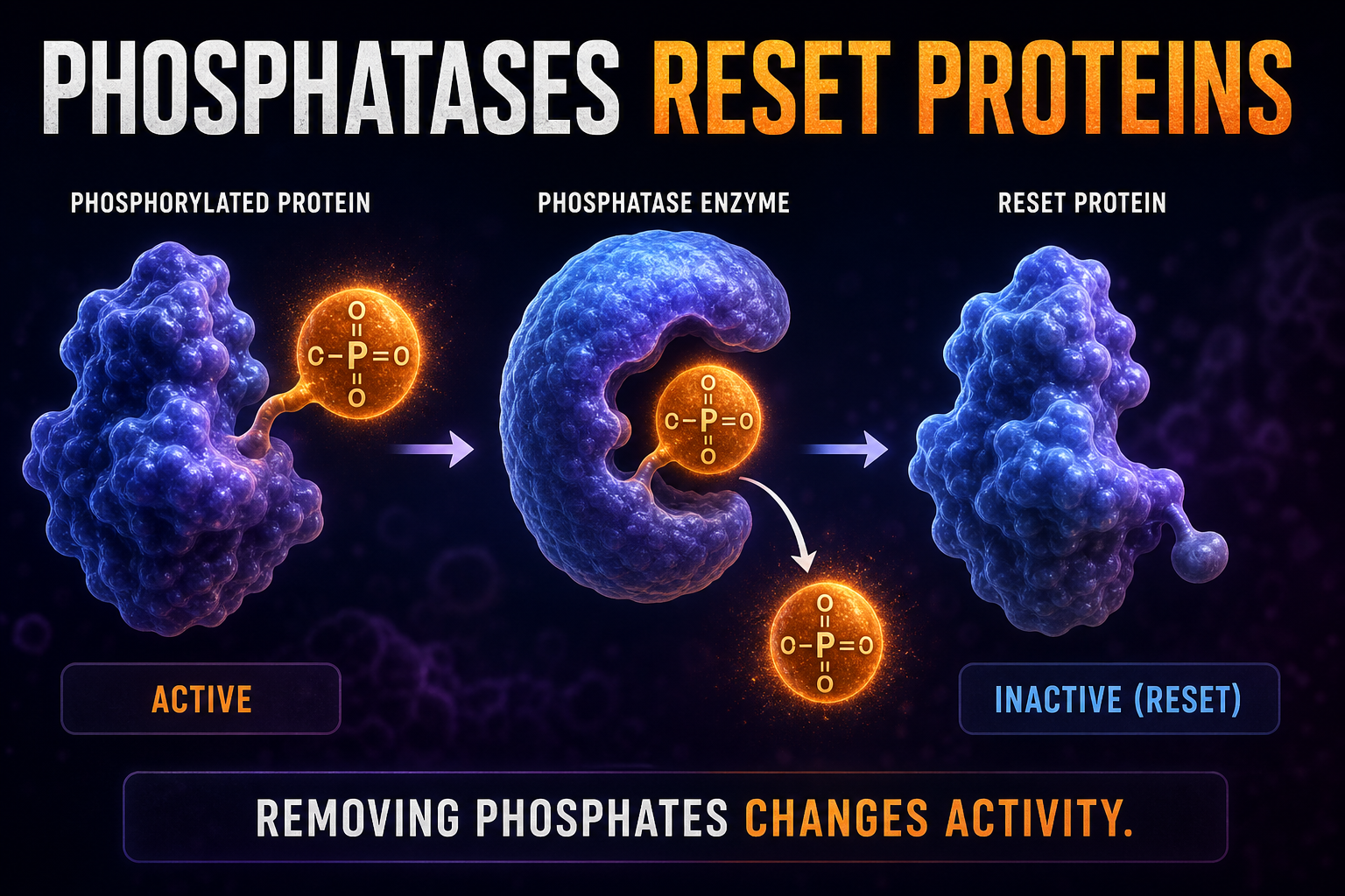 AP Biology phosphatase infographic showing a phosphatase removing a phosphate group from a phosphorylated protein to reset activity