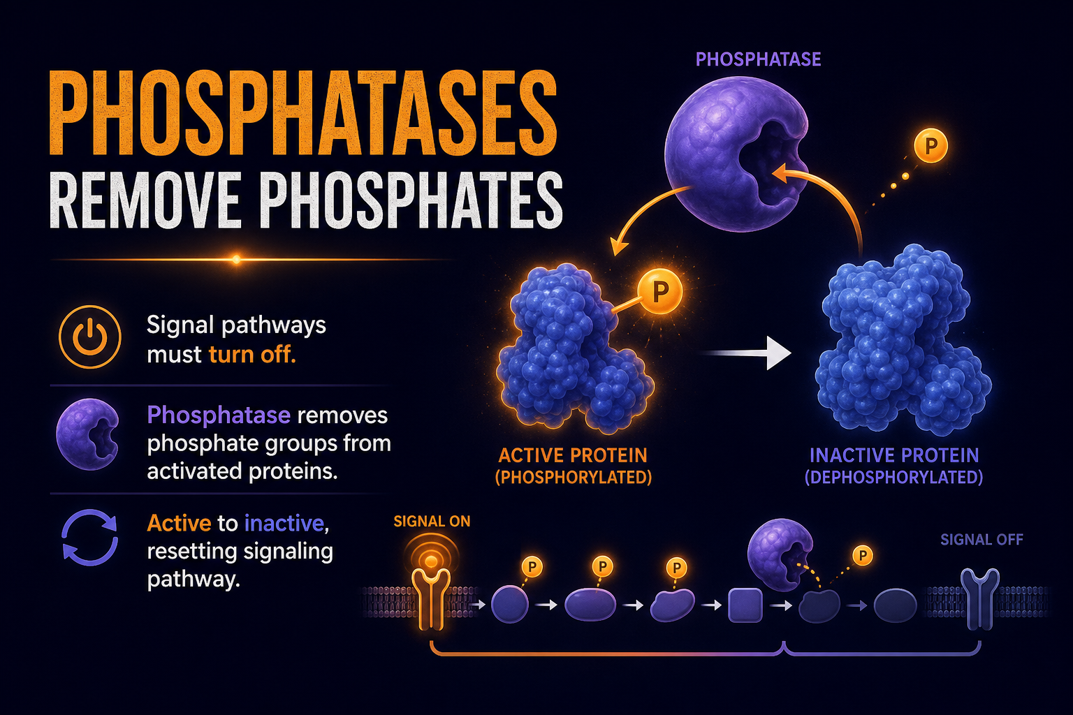 AP Biology phosphatase infographic showing phosphatases removing phosphate groups to turn off or reset signaling pathways