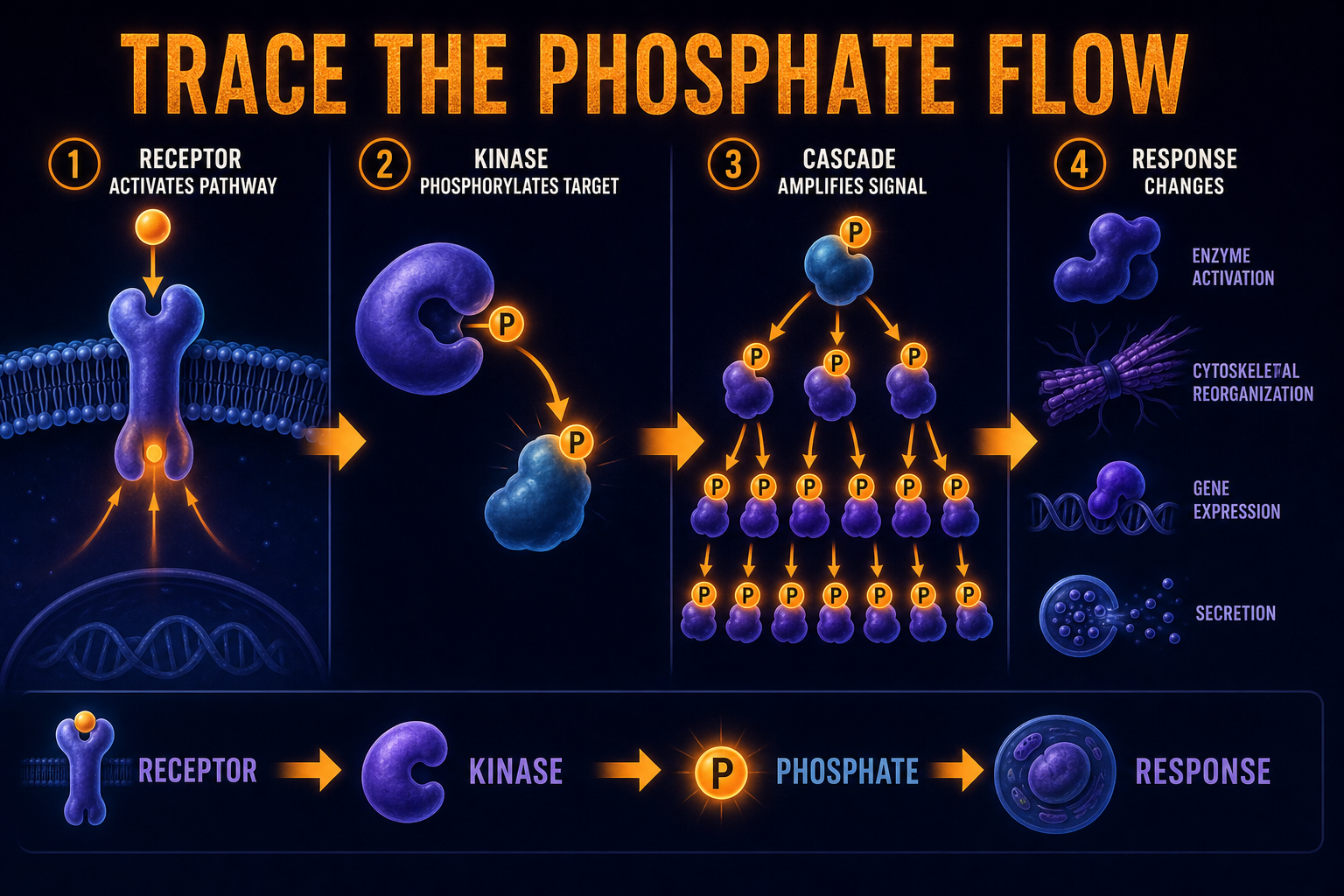 AP Biology phosphorylation cascade FRQ reasoning infographic showing how to trace receptor activation, kinase phosphorylation, signal amplification, and cellular response