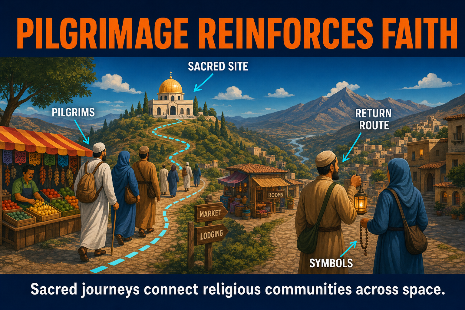 AP Human Geography pilgrimage and religion diffusion visual showing pilgrims traveling to sacred sites and returning with symbols and practices