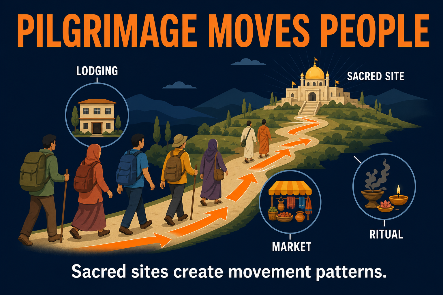 AP Human Geography pilgrimage visual showing travelers moving along routes toward a sacred site with markets lodging and rituals