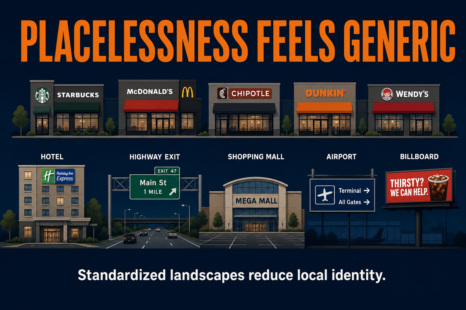 Placelessness AP Human Geography AP Human Geography placelessness visual showing standardized chain stores hotels highway exits malls airports and billboards