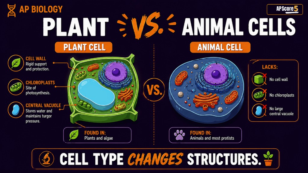 Plant vs animal cell organelles AP Biology infographic showing cell wall, chloroplasts, central vacuole, and shared organelles