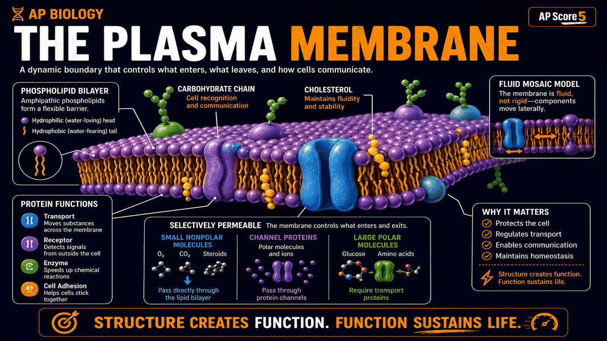 Plasma membrane structure AP Biology infographic showing phospholipid bilayer, proteins, cholesterol, and selective permeability