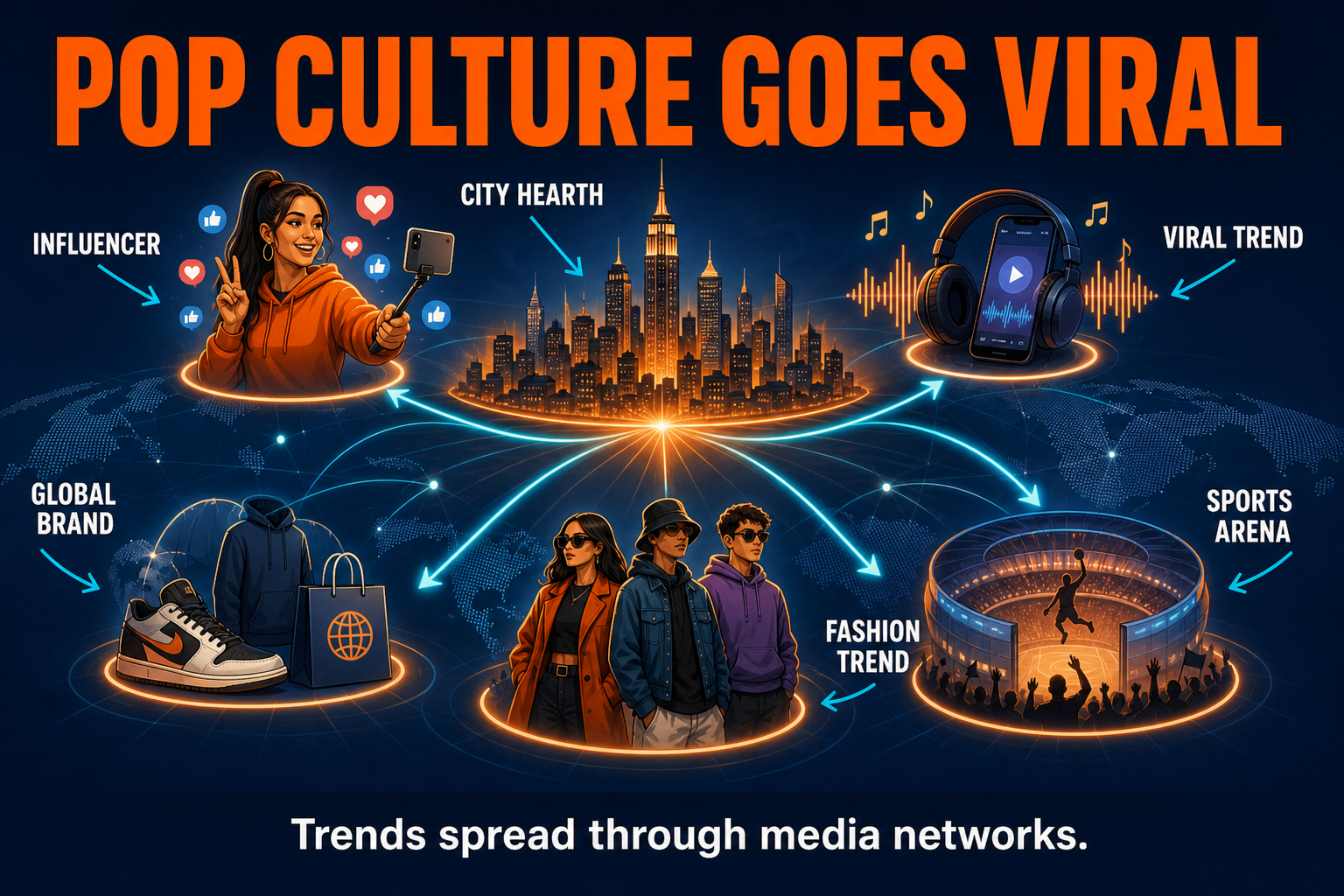 AP Human Geography popular culture diffusion visual showing cities influencers phones music brands and global arrows spreading trends