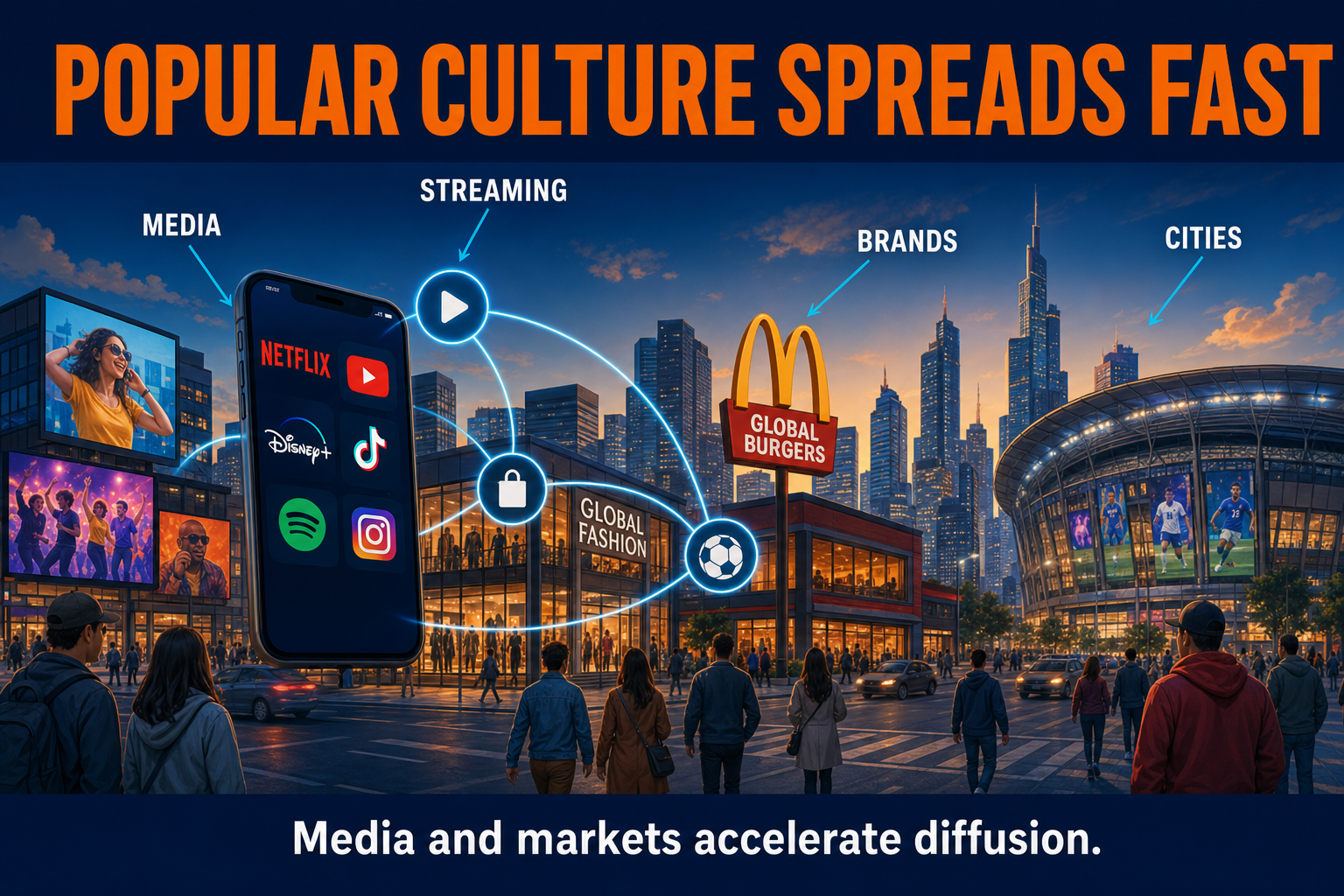 Popular Culture Spreads Fast AP Human Geography AP Human Geography popular culture visual showing media streaming fashion music fast food sports and billboards spreading globally
