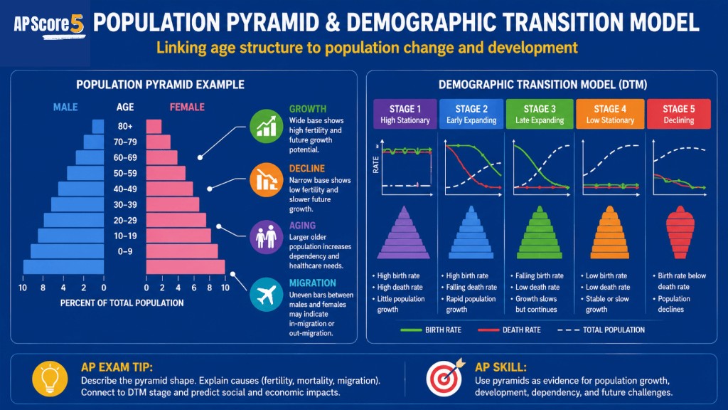 Population Pyramid and Demographic Transition Model — AP Human Geography Pyramid DTM link AP HUG
