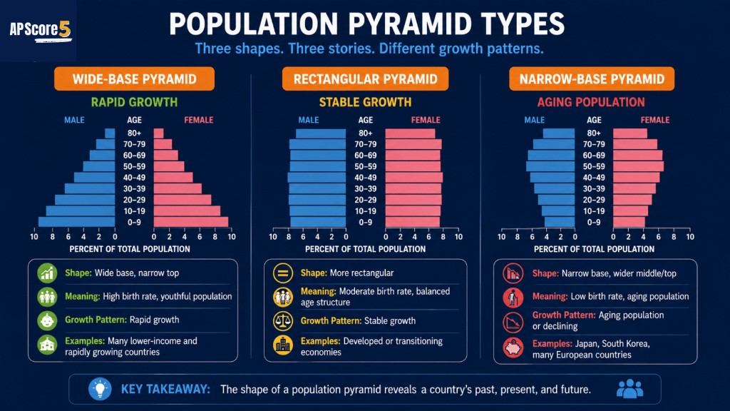 Types of Population Pyramids โ Three Shapes Compared for AP Human Geography 3 types population pyramids