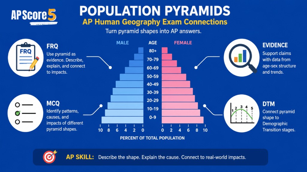 Population Pyramids AP Human Geography Exam Connections — MCQ, FRQ, DTM AP exam pyramid connections