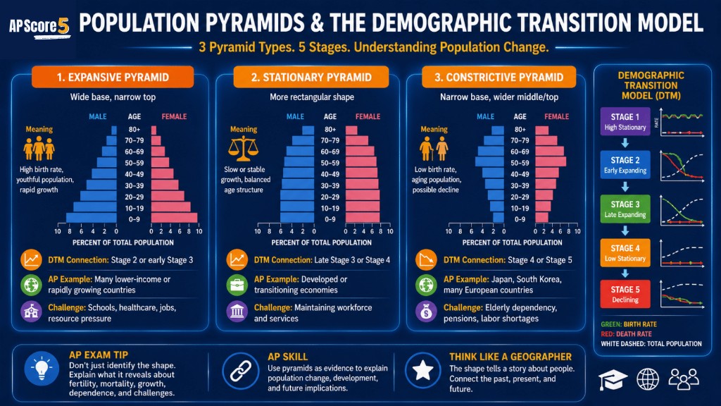 Population Pyramids and the Demographic Transition Model โ Five Stages Pyramids linked to DTM stages