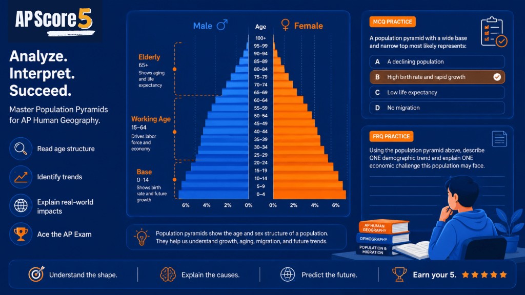 Population Pyramids MCQ and FRQ Practice โ AP HUG Study Visual Pyramid MCQ FRQ practice