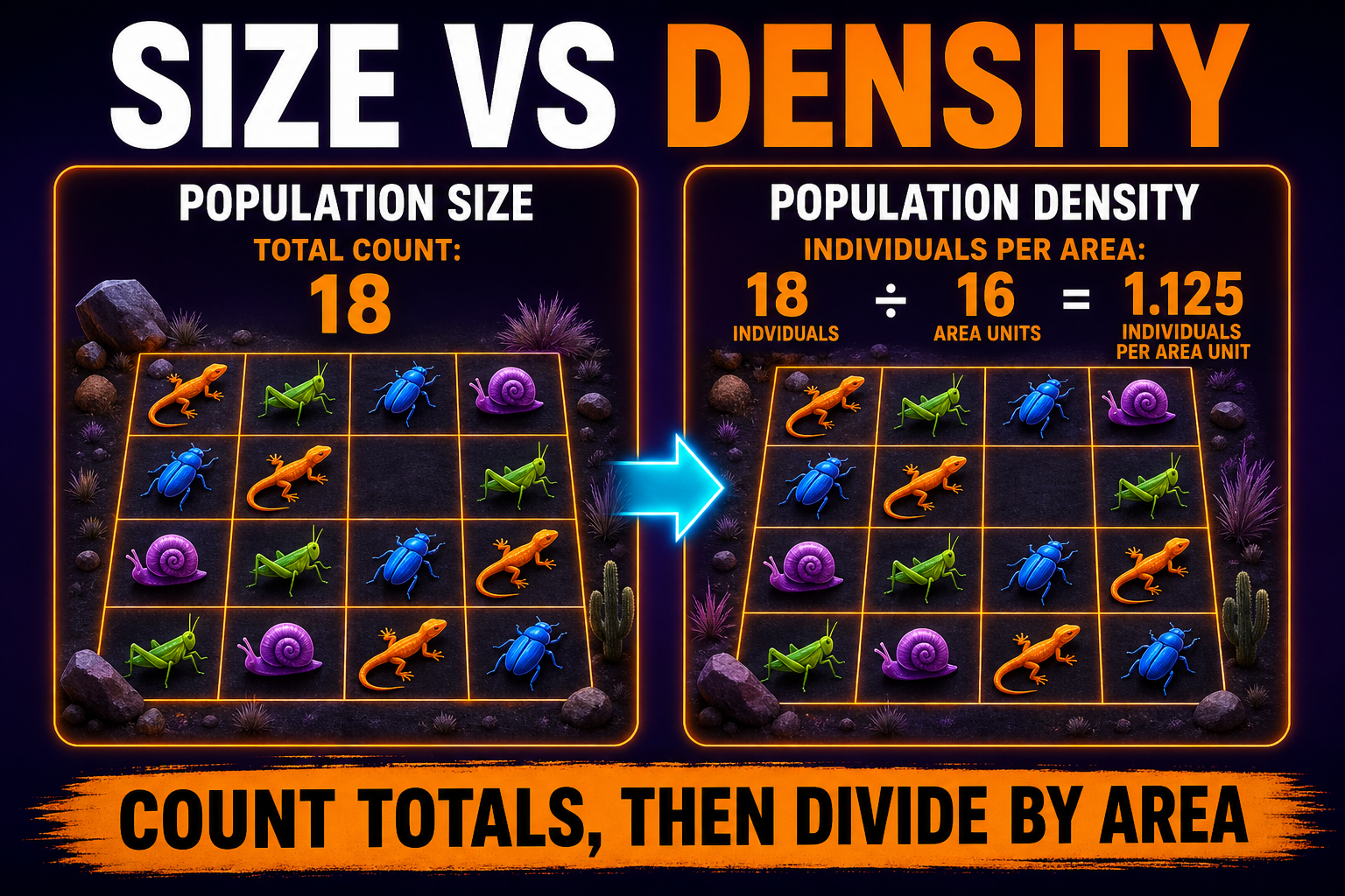Population Size vs Population Density AP Biology Population size versus population density AP Biology showing organism count and individuals per area