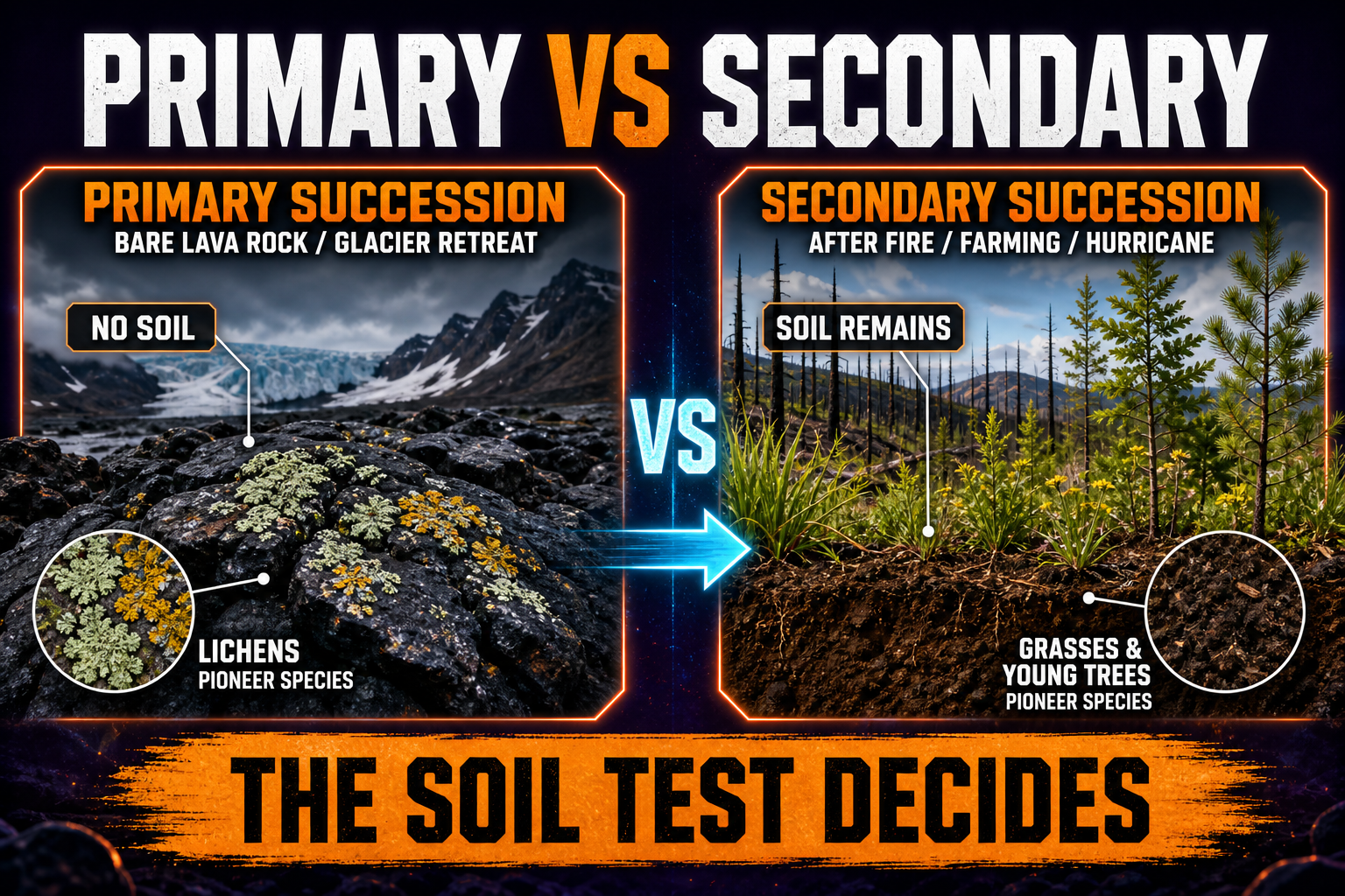 Primary vs Secondary Succession AP Biology Primary versus secondary succession AP Biology comparing no soil with soil remaining after disturbance