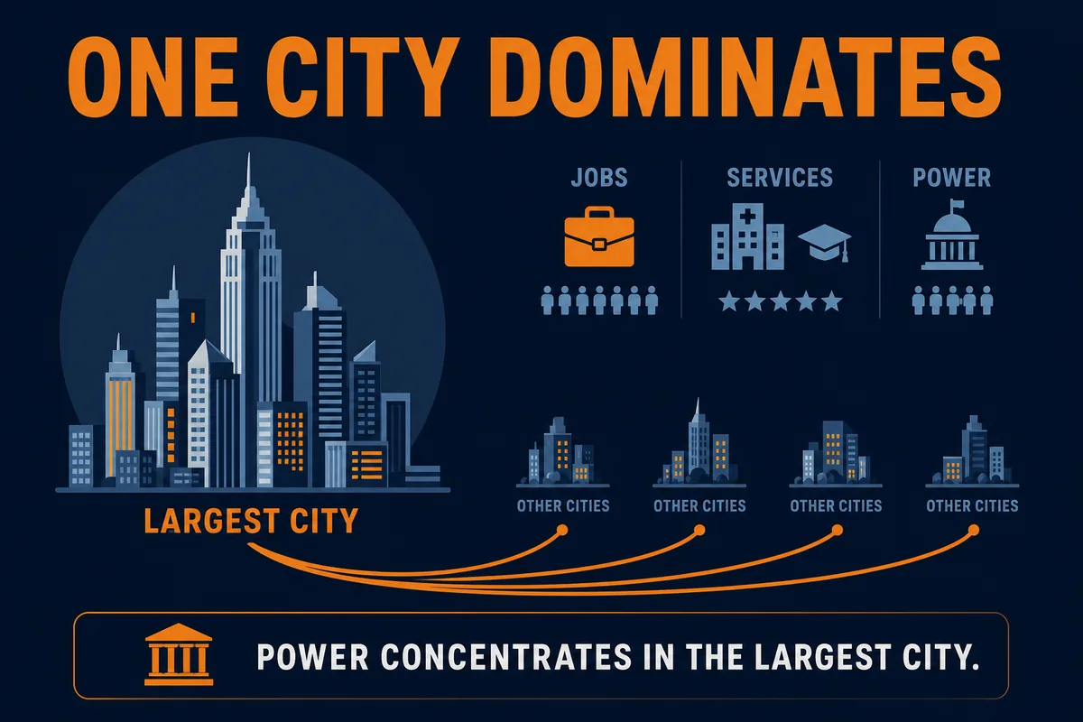 AP Human Geography primate city infographic showing one very large dominant city compared with several much smaller cities.