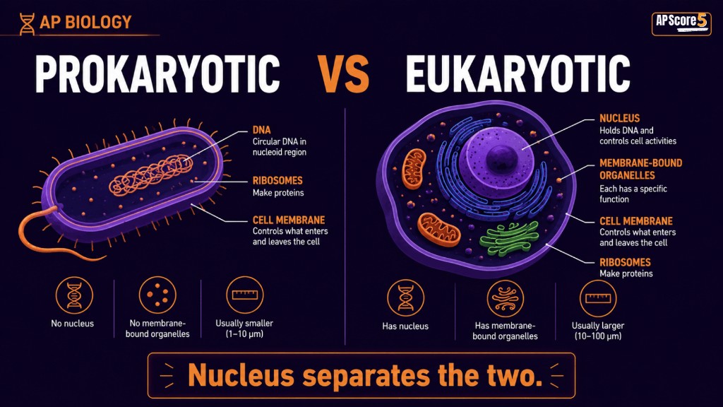 Prokaryotic vs eukaryotic cells AP Biology comparison showing nucleus, DNA, ribosomes, membrane, and organelles