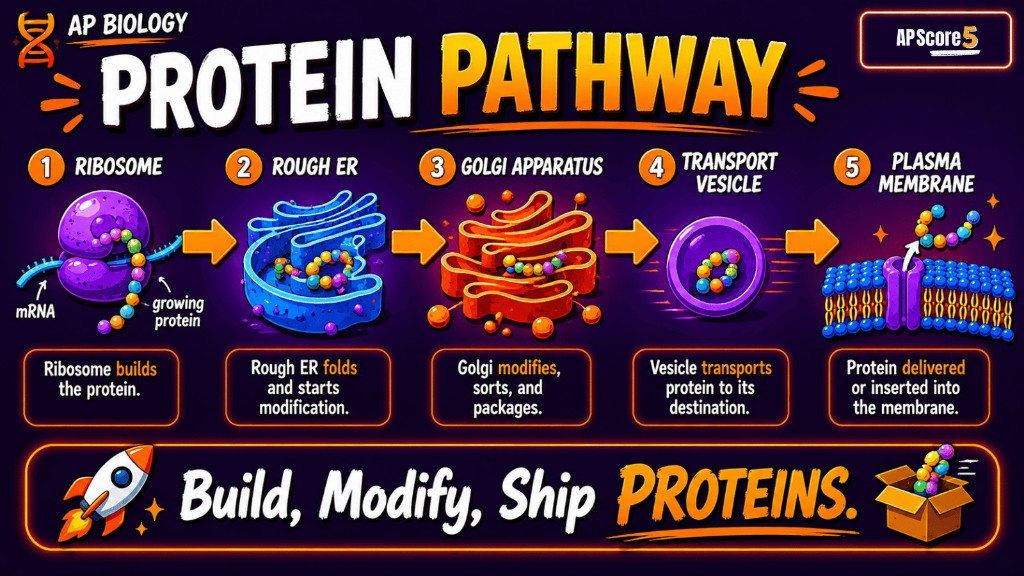 Protein pathway organelles AP Biology infographic showing ribosomes, rough ER, Golgi apparatus, vesicles, and membrane