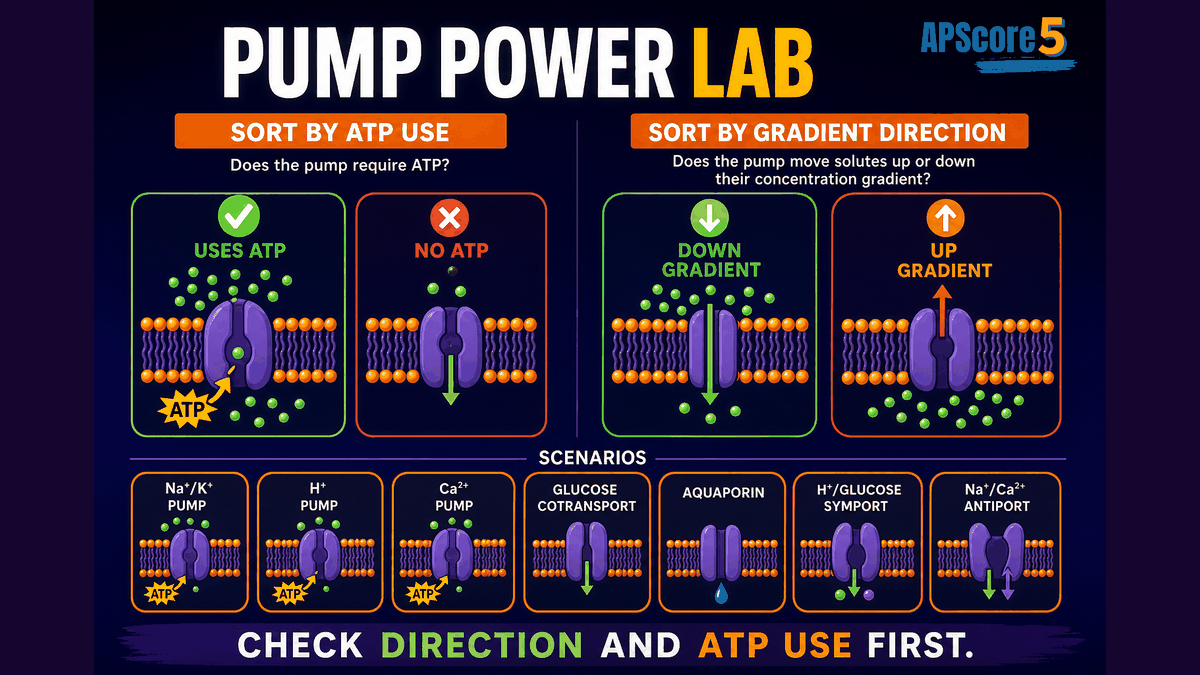 Pump power lab AP Biology infographic showing students sorting transport scenarios by ATP use and gradient direction