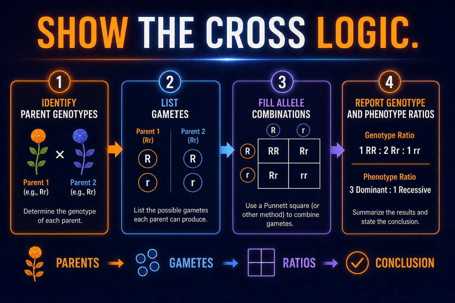 AP Biology Punnett square FRQ reasoning infographic showing how to explain parent genotypes, gametes, ratios, and conclusions