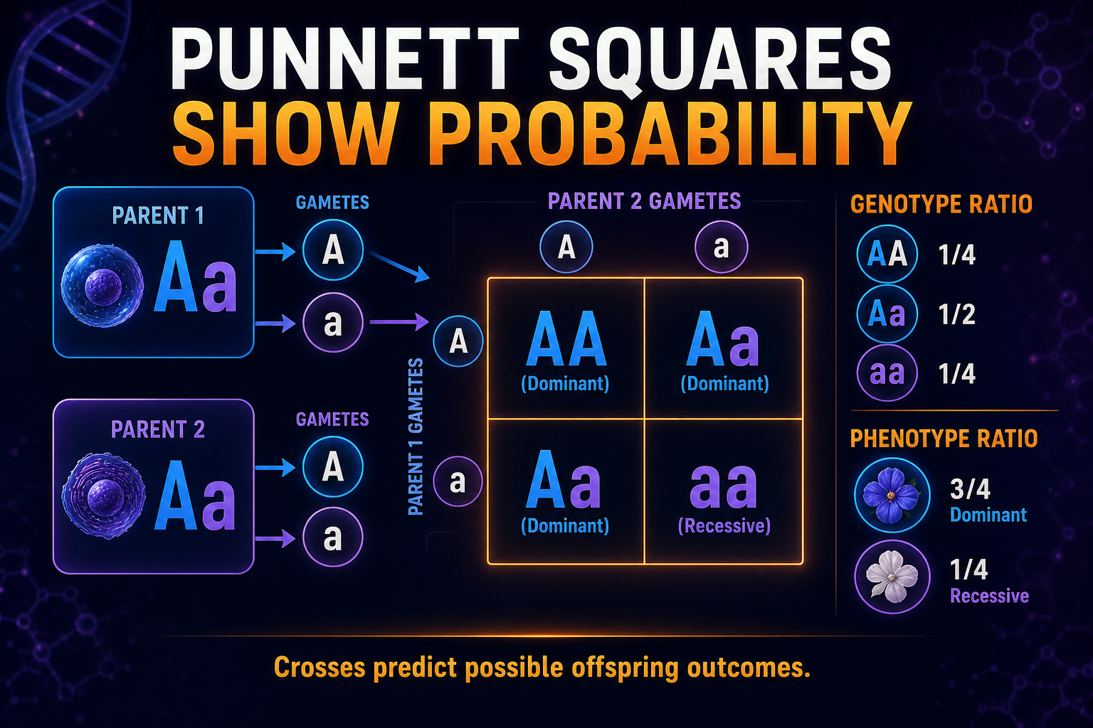 AP Biology Punnett squares infographic showing parent genotypes, gametes, allele combinations, genotype ratios, and phenotype ratios