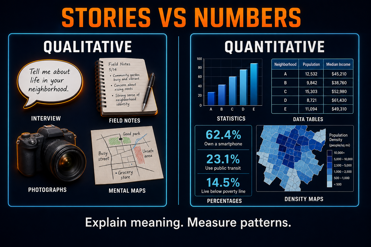 Qualitative versus quantitative geographic data in AP Human Geography comparing interviews observations and photos with numbers charts and maps