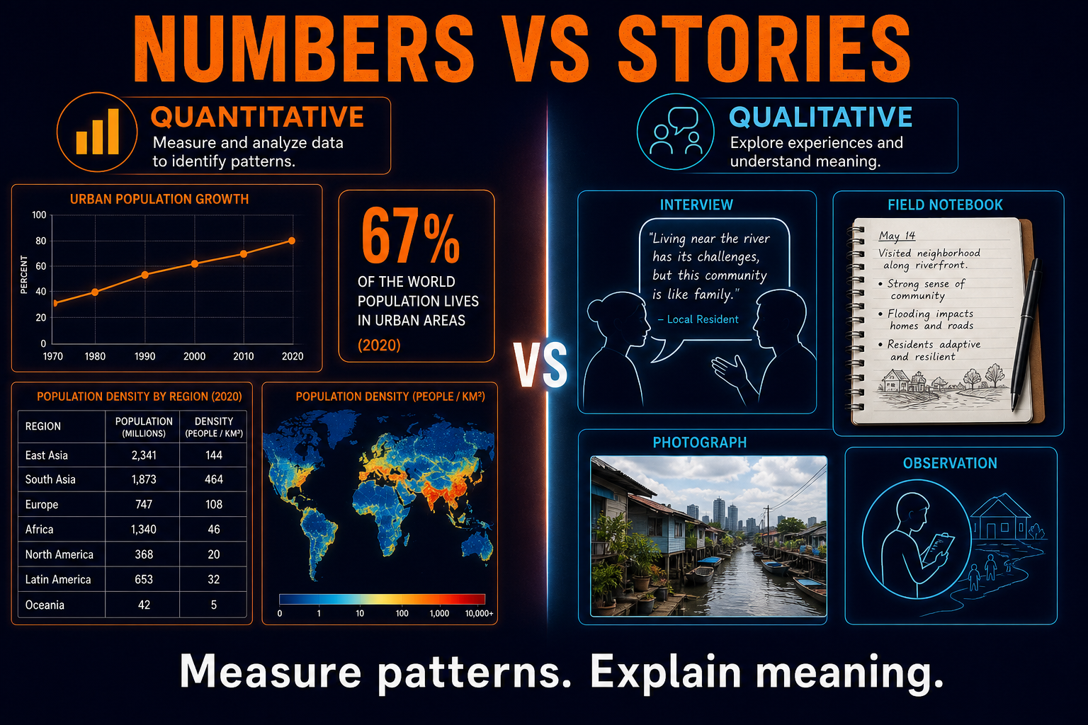 Quantitative versus qualitative geographic data in AP Human Geography showing numbers compared with interviews and observations