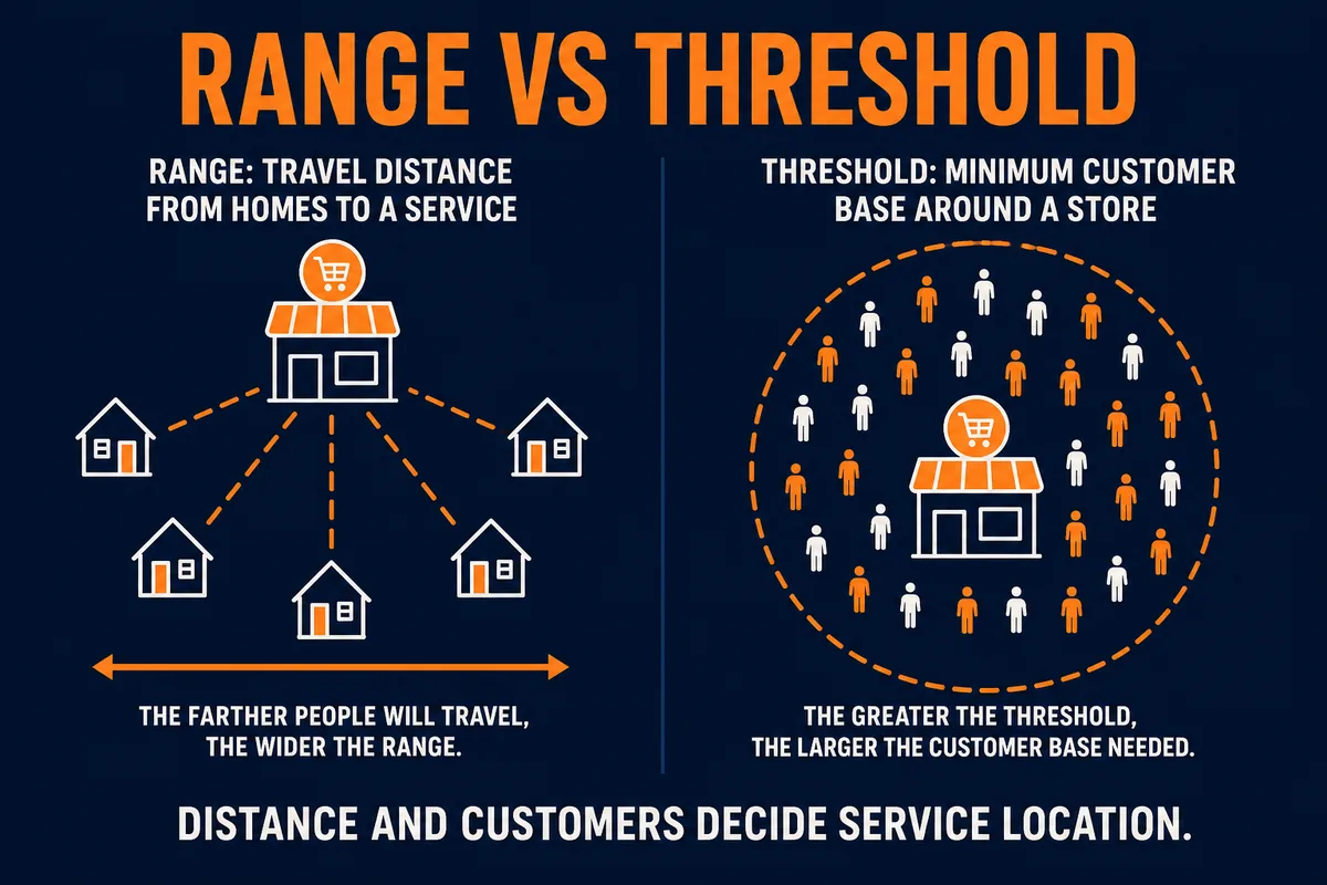 AP Human Geography range versus threshold infographic showing customer travel distance and minimum population needed to support services.