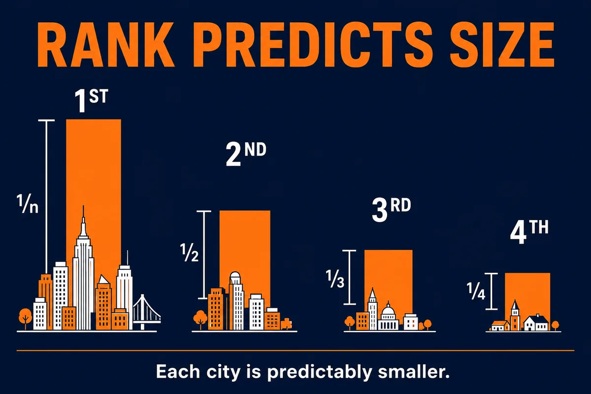 AP Human Geography rank-size rule infographic showing a largest city followed by second, third, and fourth cities using the one-over-rank population pattern.