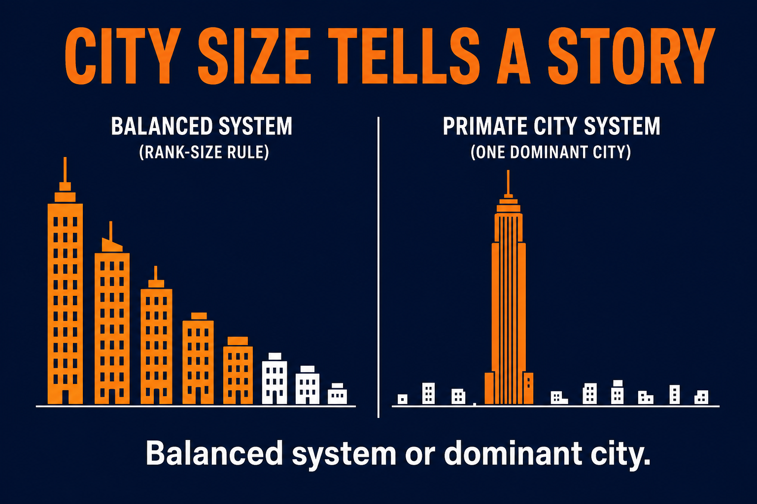 Rank-size rule versus primate city AP Human Geography graphic showing balanced city hierarchy compared with one dominant city.