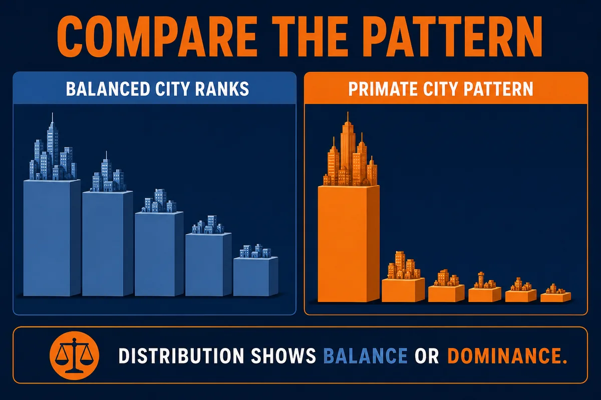 AP Human Geography comparison infographic showing rank-size rule as balanced city-size distribution and primate city as one dominant city.