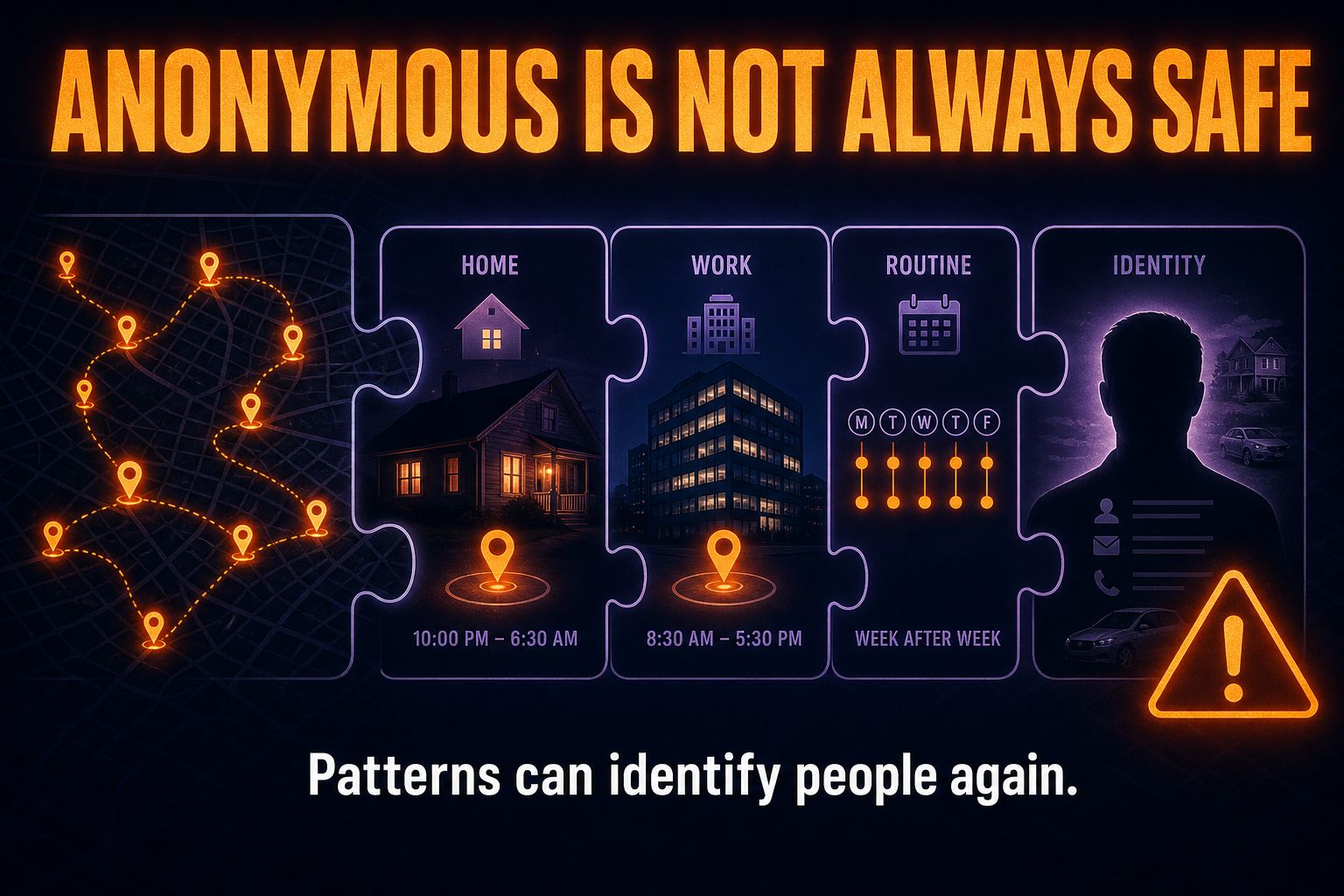 Re-identification risk in AP Human Geography showing anonymous location patterns linked back to a person through home and work routines