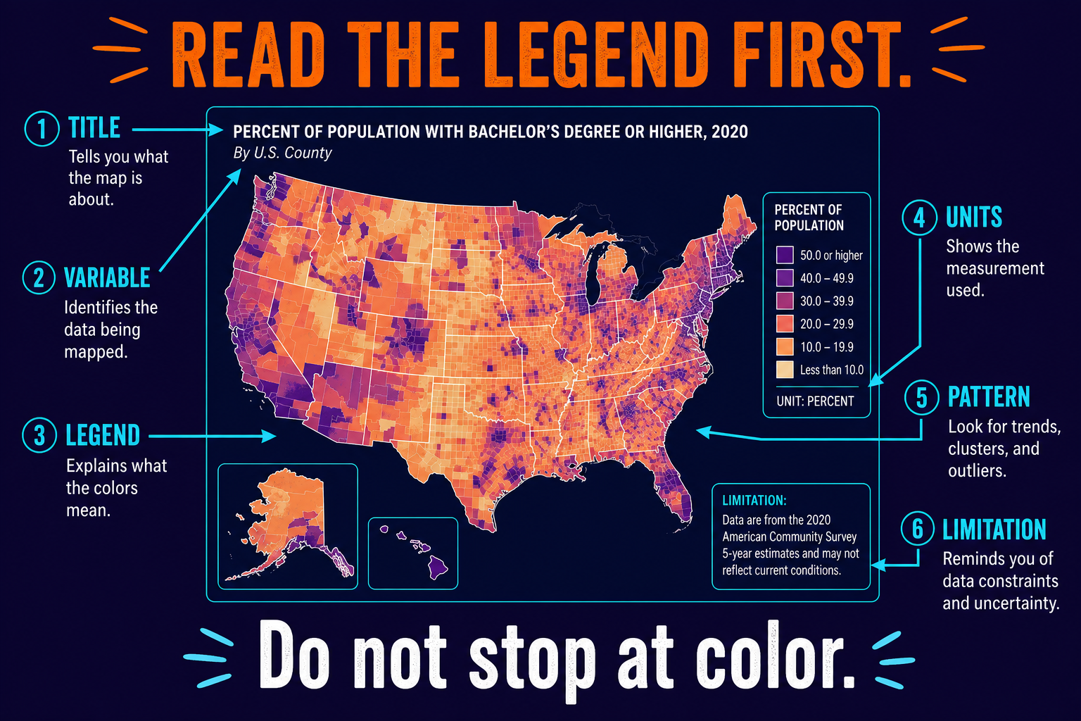 How to read a choropleth map in AP Human Geography using title legend units pattern and limitation