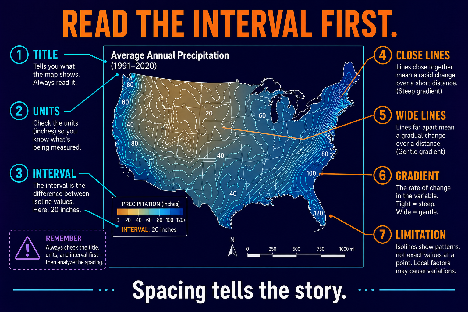 How to read an isoline map in AP Human Geography using title, legend, interval, line spacing, gradient, and limitation